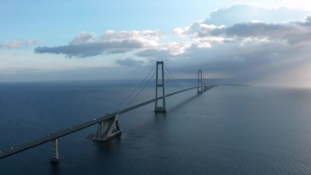 Aerial view on the famous Great Belt suspension bridge (&Oslash;stbroen) in Denmark, a multi-element fixed link crossing the Great Belt strait between the Danish islands of Zealand and Funen