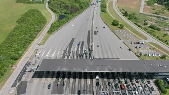 Toll collection point (toll booth) at the famous Great Belt bridge (&Oslash;stbroen)  between the Danish islands of Zealand and Funen