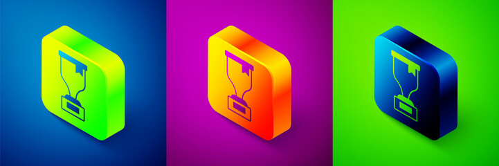 Isometric Award cup icon isolated on blue, purple and green background. Winner trophy symbol. Championship or competition trophy. Sports achievement sign. Square button. Vector