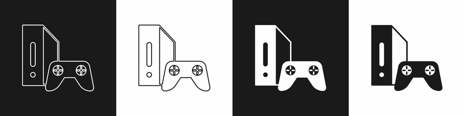 Set Video game console with joystick icon isolated on black and white background. Vector