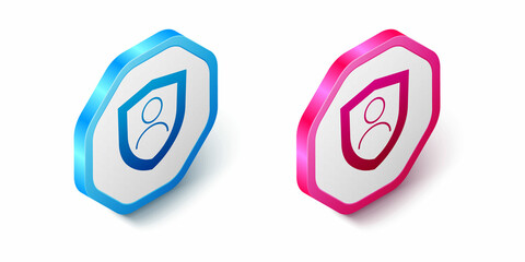 Isometric Life insurance with shield icon isolated on white background. Security, safety, protection, protect concept. Hexagon button. Vector