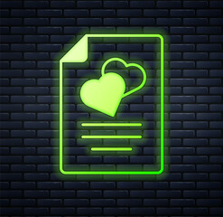 Glowing neon Marriage contract icon isolated on brick wall background. Wedding certificate. Vector