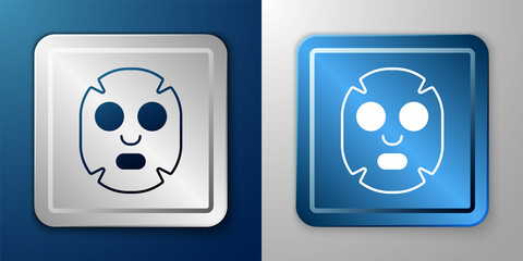 White Facial cosmetic mask icon isolated on blue and grey background. Cosmetology, medicine and health care. Silver and blue square button. Vector