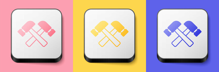 Isometric Crossed hammer icon isolated on pink, yellow and blue background. Tool for repair. Square button. Vector