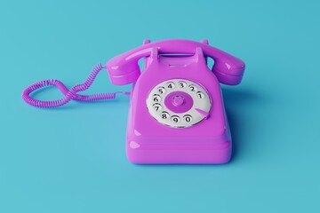 Side view of a violet retro telephone with a dial of numbers. Concept of using retro items, back to the past. 3d render, 3d illustrator.