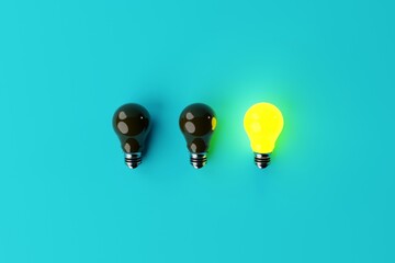 One lit Yellow light bulb in the background of other non-luminous light bulbs, blue background. The concept of the formation of ideas, creativity, problem solving. 3d render, 3d illustrator