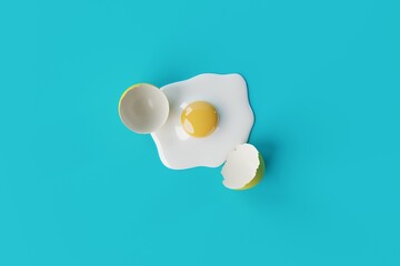 Broken egg on a blue background. Concept of cooking eggs, making an omelette, breaking the shell. 3d render, 3d illustrator