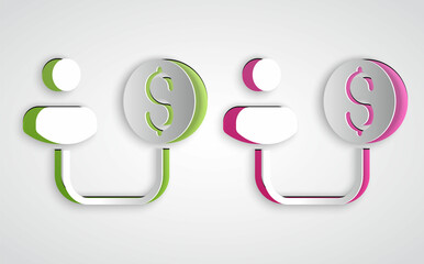 Paper cut Human and money icon isolated on grey background. Concept of attracting investments. Big business profit attraction and success. Paper art style. Vector