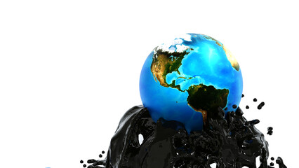 Earth globe on crude oil stream, oil market business, petroleum oil industry, America Zone, element by NASA, 3D rendering.