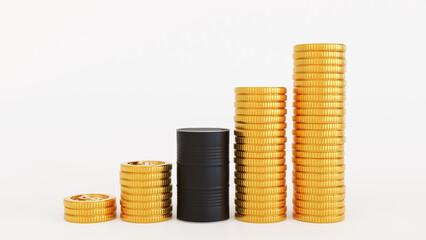 Gold coin arrange by graph chart with oil barrel, oil market business, petroleum oil industry, 3D rendering.