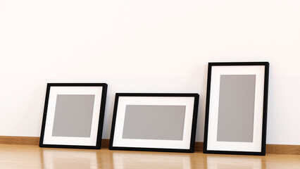 Empty picture frame on wall in living room, 3D rendering.
