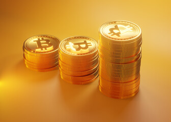 growing stacks of shining bitcoin on orange background, 3d rendering. the concept of the accumulation of cryptocurrencies and the growth of the market