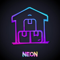 Glowing neon line Full warehouse icon isolated on black background. Vector