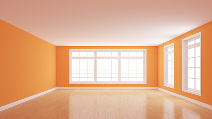 Beautiful Room with Orange Walls, Glossy Parquet Flooring, White Plinth, Three Large Full Wall Windows. 3D Rendering with a Work Path on the Windows. 8K Ultra HD, 7680x4320, 300 dpi