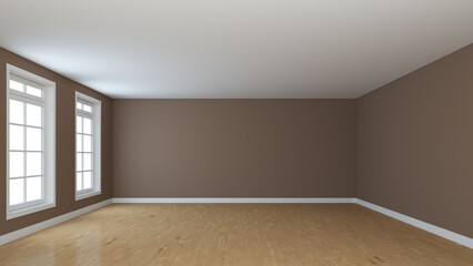 Fototapeta premium Beautiful Concept of the Empty Room with Brown Walls, Two Windows, Light Parquet and a White Plinth. Perspective View. High Quality 3D Render with a Work Path on the Windows. 8K Ultra HD, 7680x4320