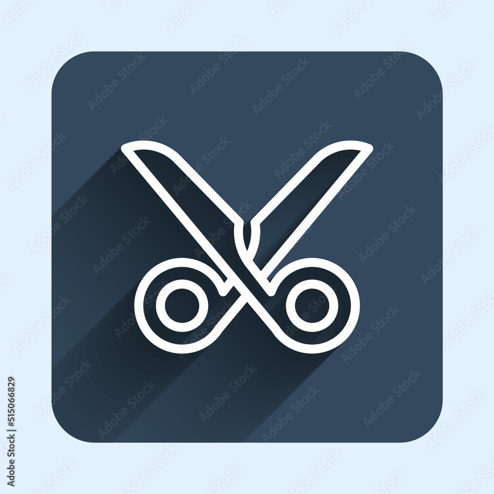 Poster white line scissors icon isolated with long shadow background. cutting tool sign. blue square button
