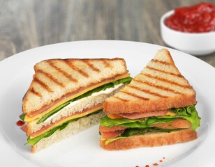 Tasty fresh sandwich with sauce on the table.
