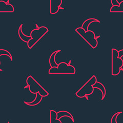 Red line Moon and stars icon isolated seamless pattern on black background. Cloudy night sign. Sleep dreams symbol. Full moon. Night or bed time sign. Vector