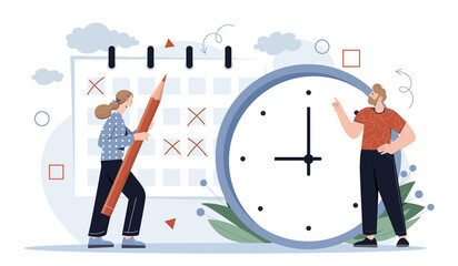 Time management concept. Man and woman next to clock and calendar. Planning, efficient workflow. Employees mark dates of business meetings and important negotiations. Cartoon flat vector illustration