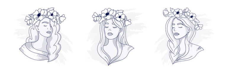Set of Sad girls with a wreaths of flowers. Vector flat illustration in black and white style