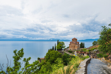 Naklejka premium Saint John Kaneo Orthodox Church by Lake Ohrid, North Macedonia. One of the most famous churches in Ohrid, Macedonia