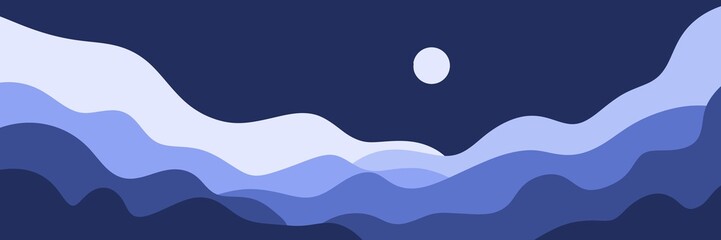 night landscape with cloud waves background in abstract flat design. trendy and minimalist style panoramic landscape design