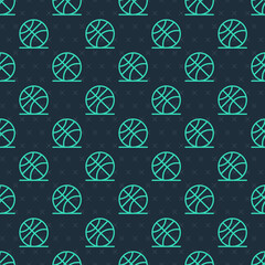Green line Basketball ball icon isolated seamless pattern on blue background. Sport symbol. Vector