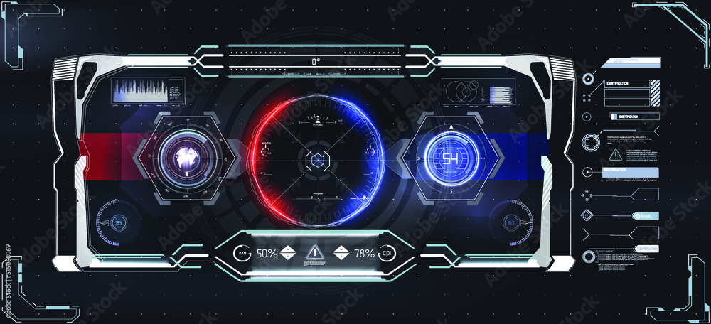 Poster sci-fi digital interface elements hud for game, ui, ux, kit. vr, icons, bar labels and lines. hud co