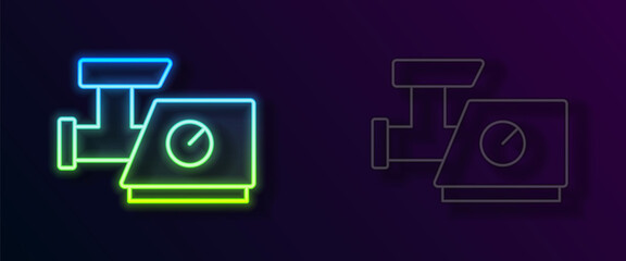 Glowing neon line Kitchen meat grinder icon isolated on black background. Vector