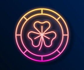 Glowing neon line Golden leprechaun coin with clover trefoil leaf icon isolated on black background. Happy Saint Patricks day. National Irish holiday. Vector