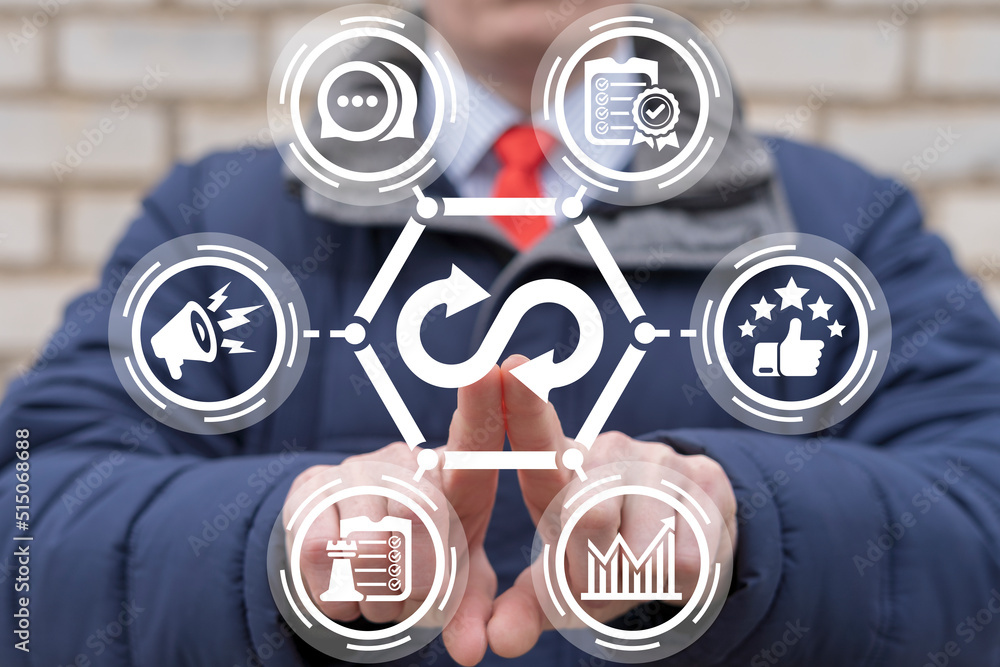 Aufkleber concept of agile development methodology. business continuity planning concept. businessman using vi