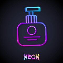 Glowing neon line Tube of hand cream icon isolated on black background. Vector