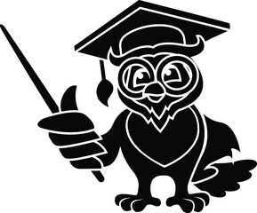 Black and White Cartoon Illustration Vector of an Owl Wearing a Mortarboard University Diploma Student