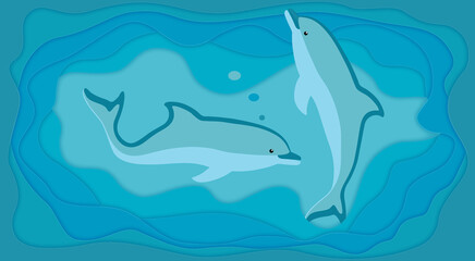 Naklejka premium Original background in paper-cut style. Two dolphins in the waves of the sea or ocean. Graphic wallpaper in blue shades.