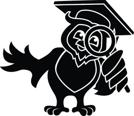 Black and White Cartoon Illustration Vector of an Owl Wearing a Mortarboard University Diploma Student with Magnifying Glass