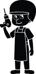 Black and White Cartoon Illustration Vector of a Boy Child Student in School with Drill Apron and Helmet