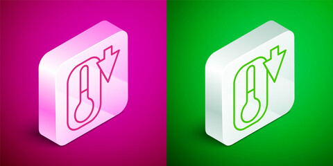 Isometric line Meteorology thermometer measuring heat and cold icon isolated on pink and green background. Thermometer equipment showing hot or cold weather. Silver square button. Vector