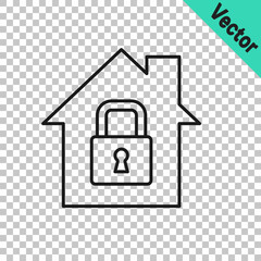 Black line House under protection icon isolated on transparent background. Home and lock. Protection, safety, security, protect, defense concept. Vector