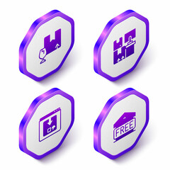 Set Isometric Package box with fragile content, Warehouse boxes, Online app delivery tracking and Free storage icon. Purple hexagon button. Vector