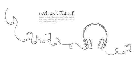 Continuous one line drawing of headphones speaker. Music gadget and earphones devices in simple linear style. Editable stroke. Doodle vector illustration
