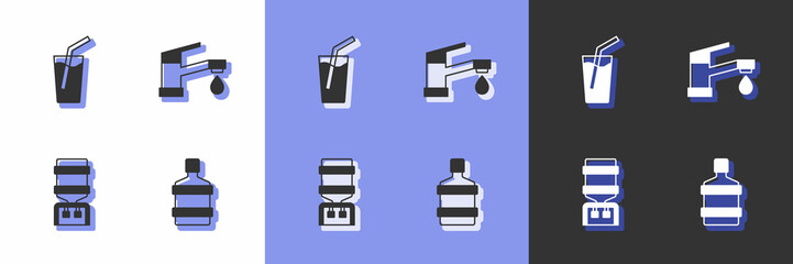 Set Big bottle with clean water, Glass, Water cooler and tap icon. Vector