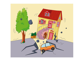 Ilustración, ambiente, dibujo, casa, carro, terremoto, temblor, sacudida, seísmo, maremoto