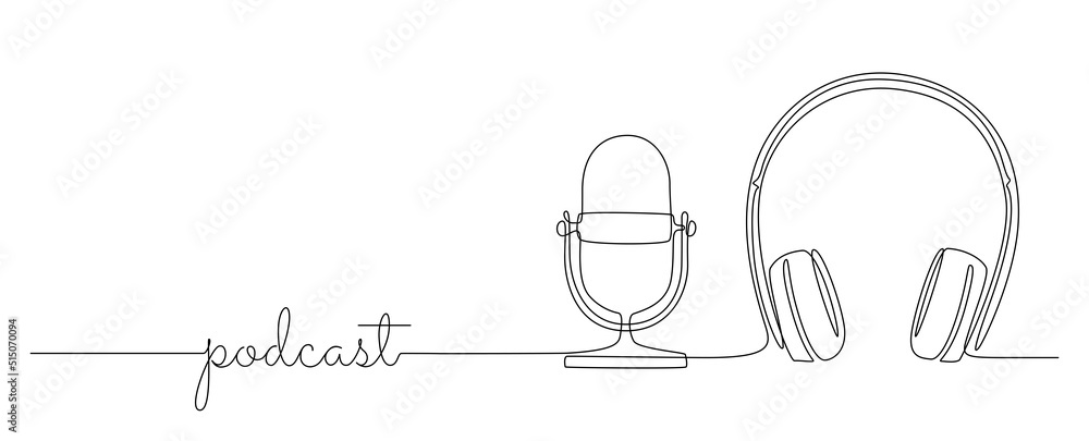 Poster continuous one line drawing of headphones speaker and microphone. music gadget mic and earphones dev