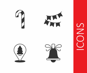 Set Christmas ringing bell, Candy cane with stripes, tree and Carnival garland flags icon. Vector
