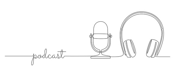 Continuous one line drawing of headphones speaker and microphone. Music gadget mic and earphones devices in simple linear style. Editable stroke. Doodle vector illustration