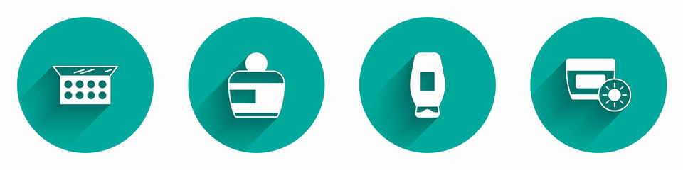 Set Makeup powder with mirror, Cream lotion cosmetic tube, Bottle of shampoo and Sunscreen cream in icon with long shadow. Vector