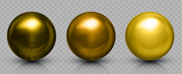 Chrome glass golden balls set. Realistic 3D orb with transparent glares and highlights for decoration. Jewelry gemstone. Vector Illustration for your design