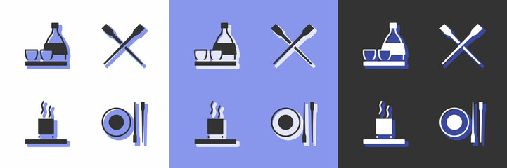 Set Food chopsticks with plate, Bottle of sake, Cup tea and icon. Vector