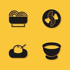 Set Asian noodles in bowl, Soy sauce, Mochi and Served cucumber on plate icon with long shadow. Vector