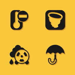 Set Thermometer, Umbrella, Acid rain radioactive cloud and Tornado icon with long shadow. Vector